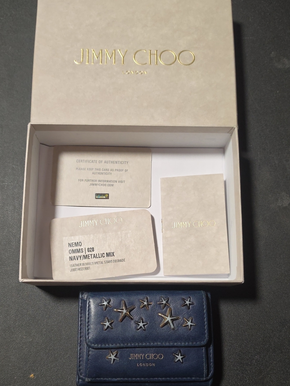 Jimmy Choo Navy Leather Card Holder with Metallic Star Accents